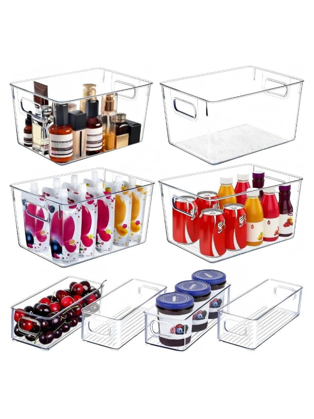 Set of 8 Clear Plastic Storage Bins with Handles, Stackable Pantry Organizer,